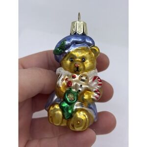 Vtg Mercury Glass Christmas Ornaments Bear Blue Hat Holding Gifts